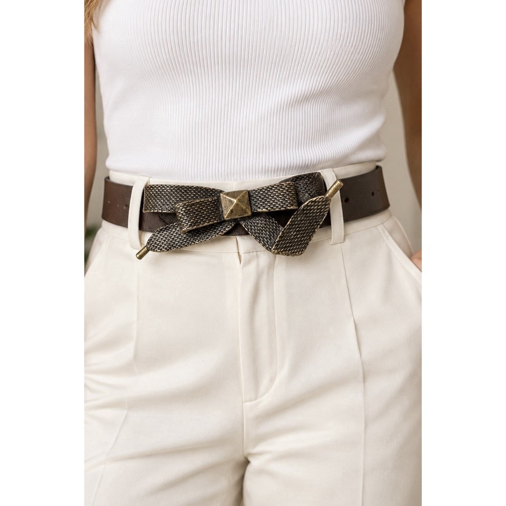 Moschino Jeans Leather Belt Womens 80 Brown New Bow Buckle Made in Italy